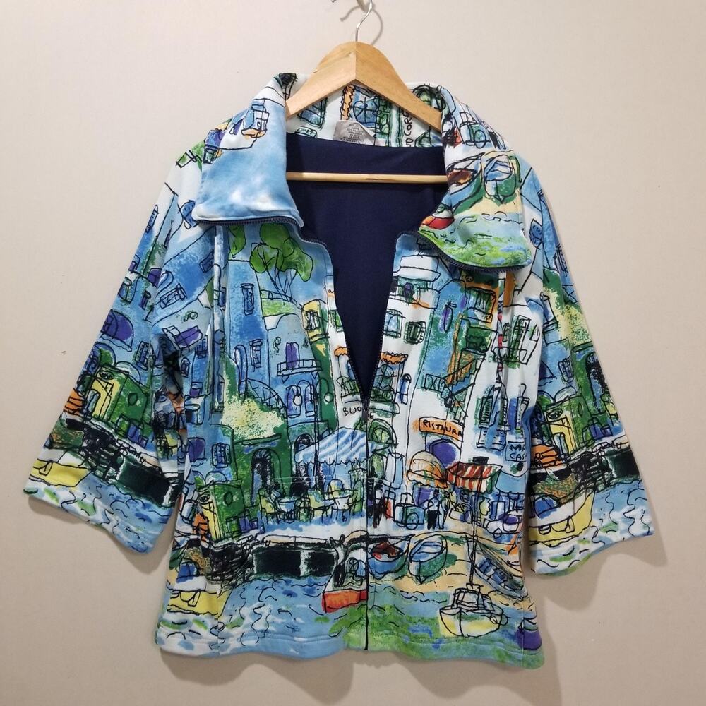 Michael Leu Jacket Womens Medium Multicolor Cityscape Harbor Art To Wear Zip